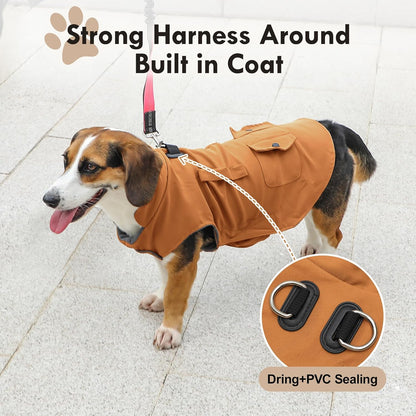 Workwear Style Dog Coats with Harness Built in for Small Dogs Windproof Warm Puppy Jacket with Storage Pockets for Cold Winter,Brightbeige M