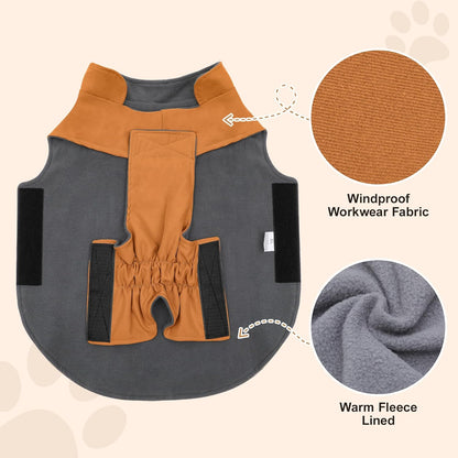 Workwear Style Dog Coats with Harness Built in for Small Dogs Windproof Warm Puppy Jacket with Storage Pockets for Cold Winter,Brightbeige M