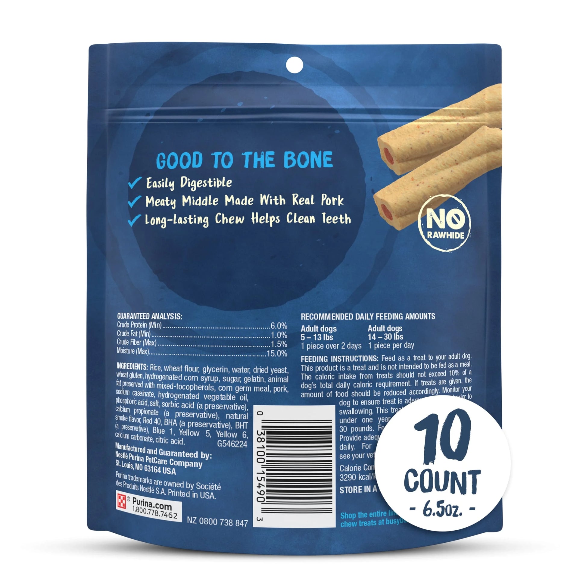 Purina  Extra Small Dog Treats with Real Pork, Long-Lasting Chews, 6.5 Oz Pouch (10 Count)