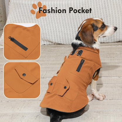 Workwear Style Dog Coats with Harness Built in for Small Dogs Windproof Warm Puppy Jacket with Storage Pockets for Cold Winter,Brightbeige M