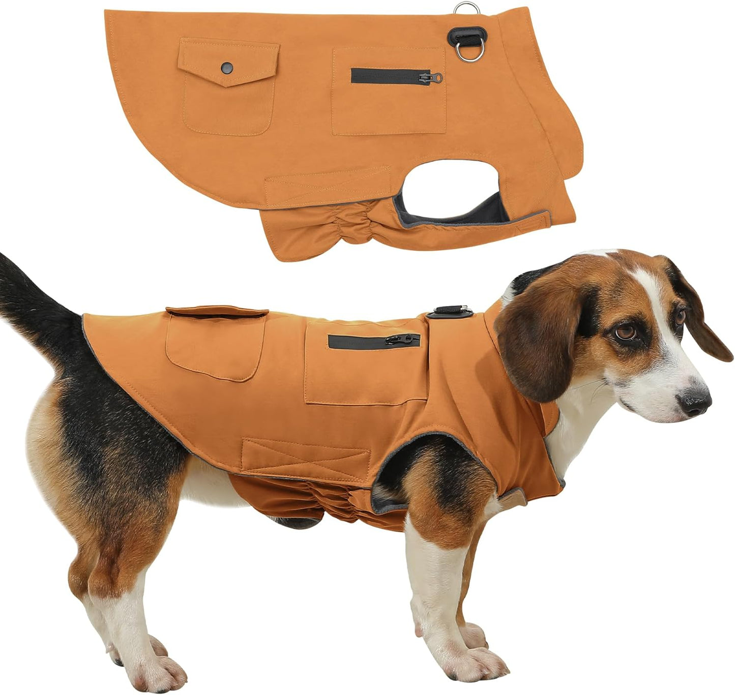 Workwear Style Dog Coats with Harness Built in for Small Dogs Windproof Warm Puppy Jacket with Storage Pockets for Cold Winter,Brightbeige M